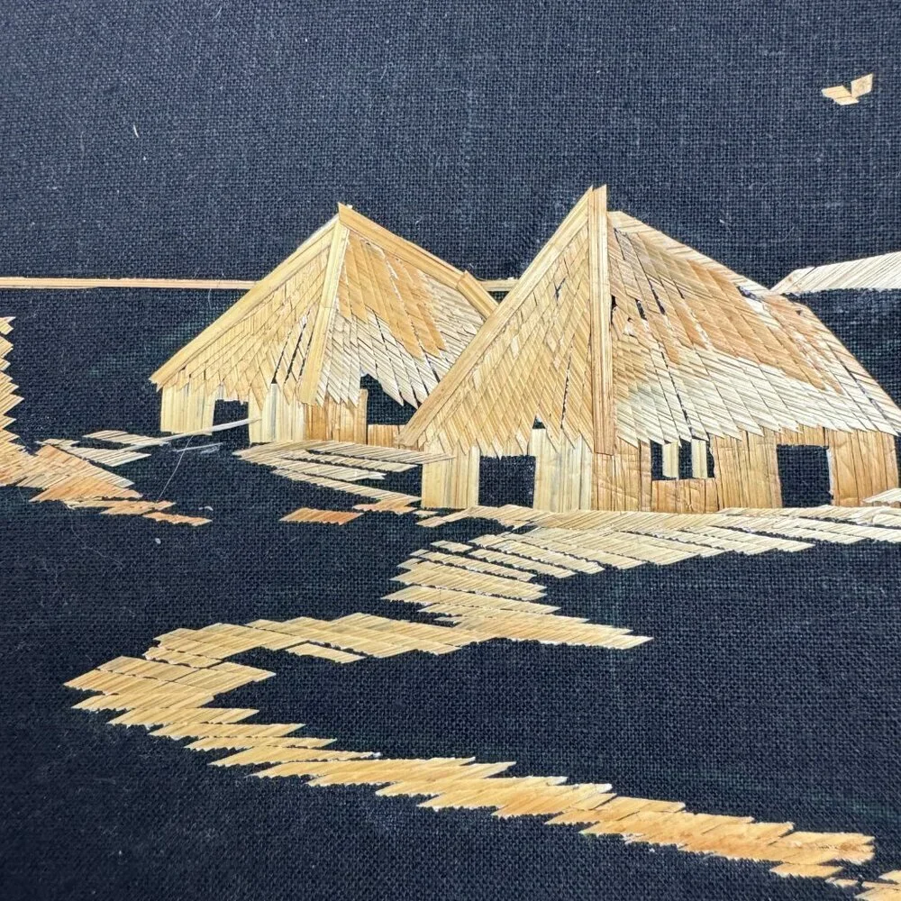 Vintage Wall Art Asian Scene Straw on Black Velvet Handmade